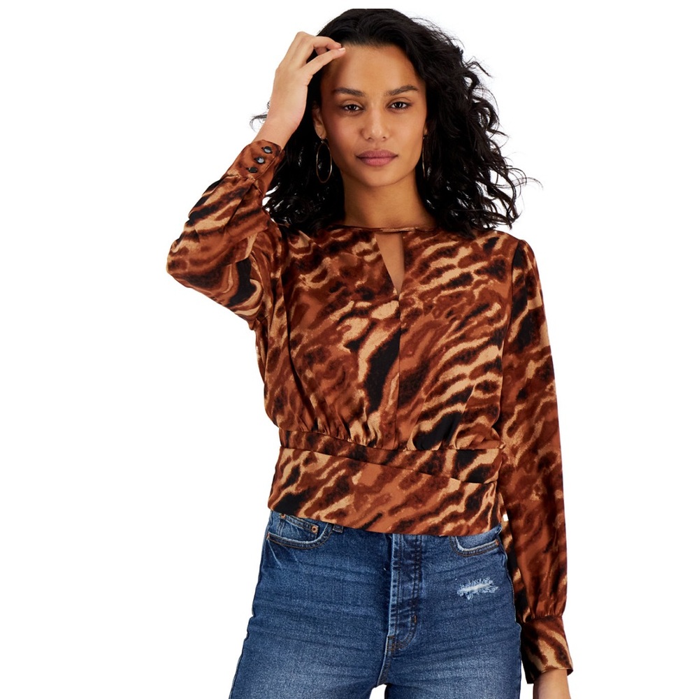 Bar III Womens Animal-Print Keyhole Blouse